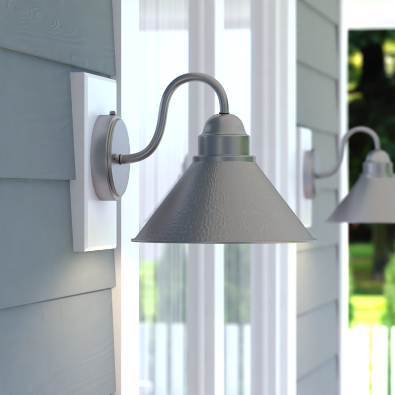Witte 9 in. H 1-Light Brushed Pewter Dusk to Dawn Sensor Farmhouse Outdoor Wall Sconce, Gooseneck Metal Shade, LED Compatible, Dark Sky Compliant for Exterior Porch Patio Front Door or Garage