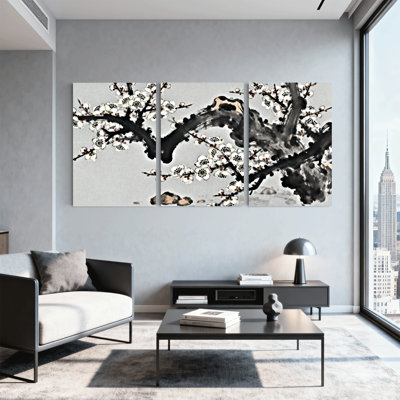 Tableau à l'encre de fleurs de prunier en noir et blanc, sur toile tendue, style traditionnel chinois (lot de 3)