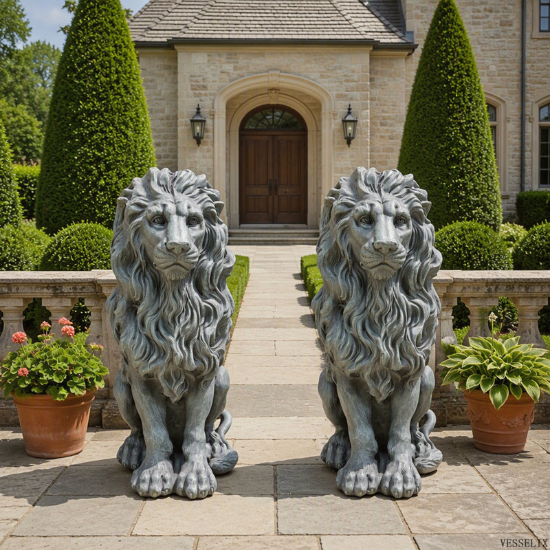 Statue de lion assis en oxyde de magnésium, sculpture de lion résistante aux intempéries pour la décoration extérieure du jardin