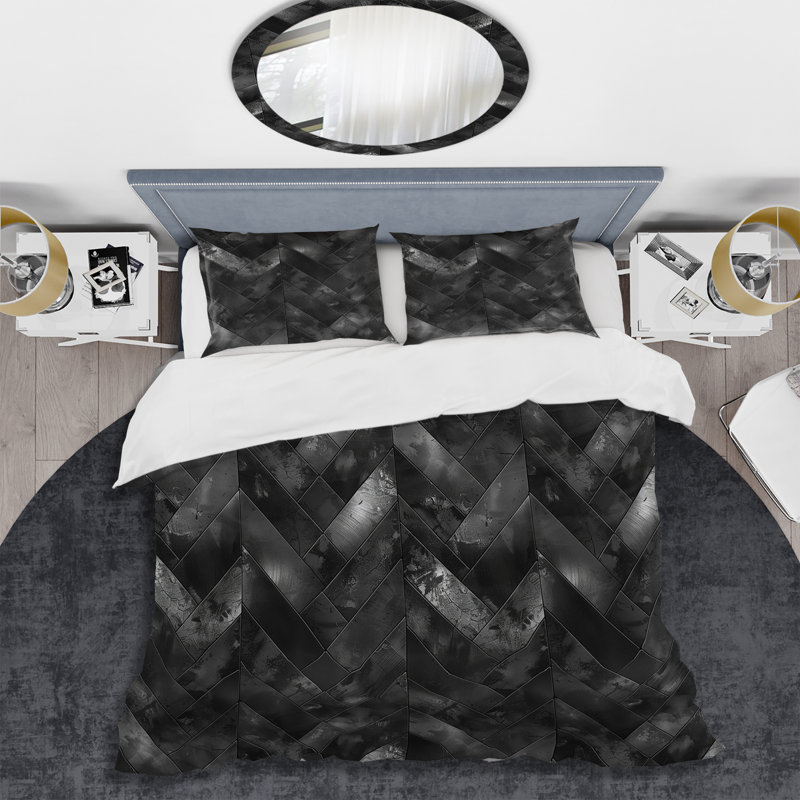 Ensemble de housse de couette moderne noir et gris Modern Herringbone II, Housse de couette pour grand lit et 2 taies décor