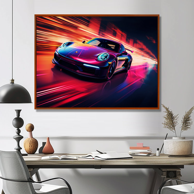 Futuriste fuchsia haute vitesse - reproduction d'art mural exotique de voiture, Cadre flottant noir