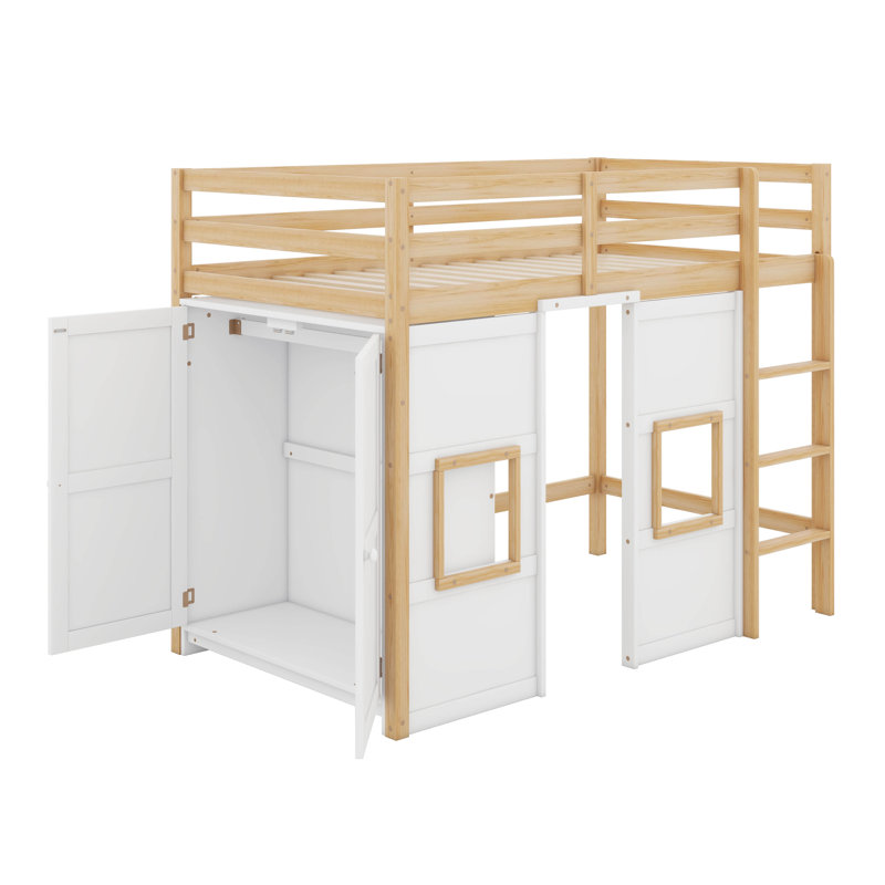 Solid Wood Twin Size Loft Bed With Built-In Storage Wardrobe And 2 Windows, White