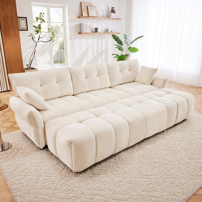 Canapé modulaire 3 places avec 3 repose-pieds et coussins, Chenille blanche