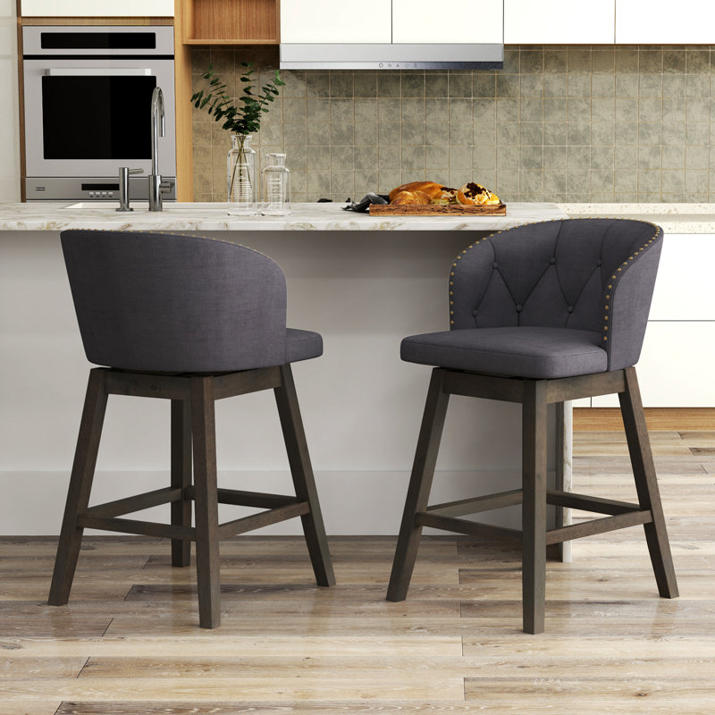Counter Height Bar Stools Fabric Upholstered Island Stools With 360° Swivel Seat, Gray, 2