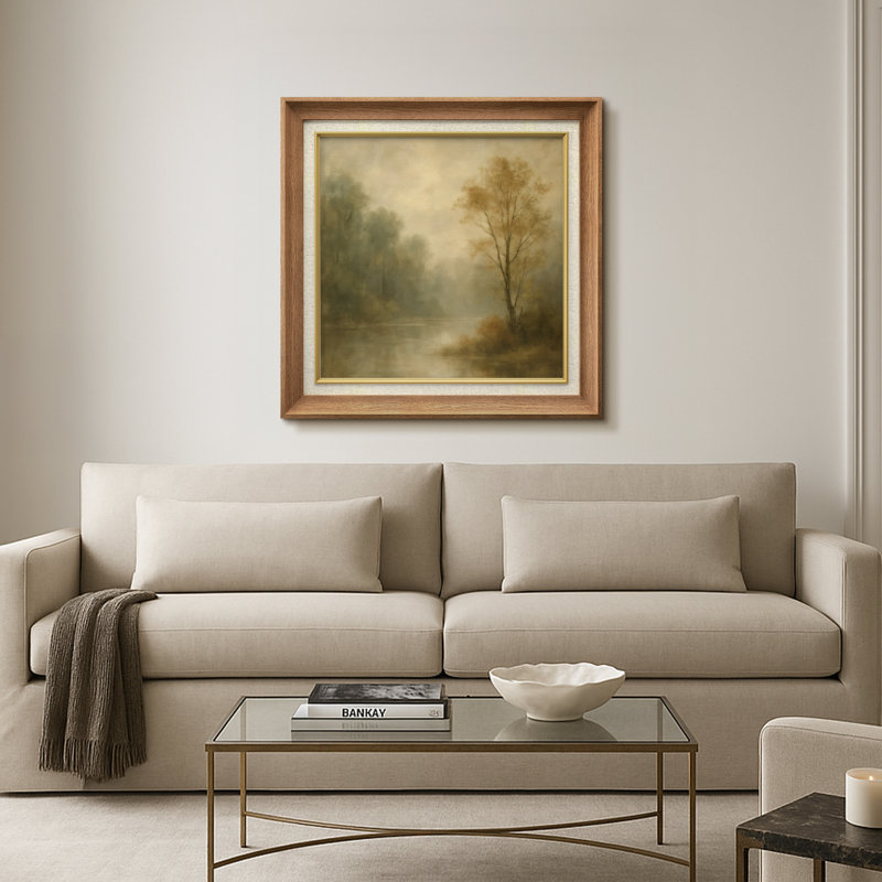 «Misty Forest River Landscape with Soft Neutral Tones», reproduction d'art sur toile encadrée, H 26 po x l 26 po x P 1,5 po