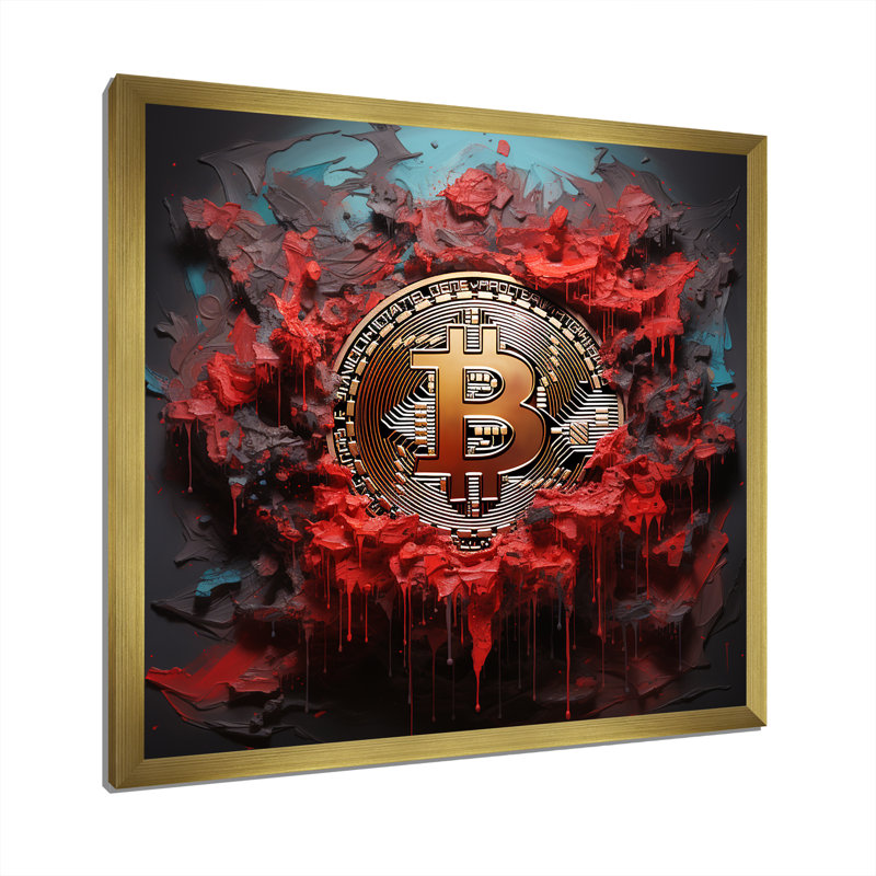 Red Bitcoin Crypto monnaie II - art mural mode Bitcoin, H 16 po x l 16 po x P 1 po, Cadre doré simple