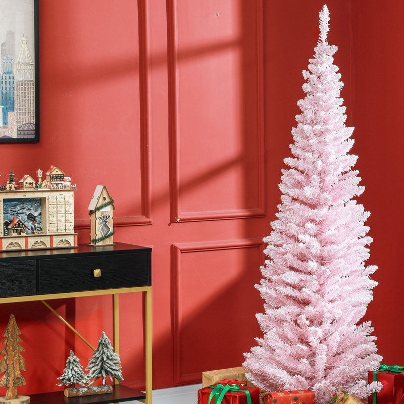 Arbre de Noël au crayon 6 pi, arbre de Noël artificiel mince avec branches réalistes et lumières DEL blanc chaud, rose