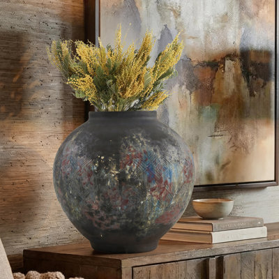 Vase de fleurs en céramique noire mate à haut feu, vase de table artisanal rond abstrait en glacis réactif multicolore, vase décoratif de ton terreux pour le salon et la décoration intérieure moderne