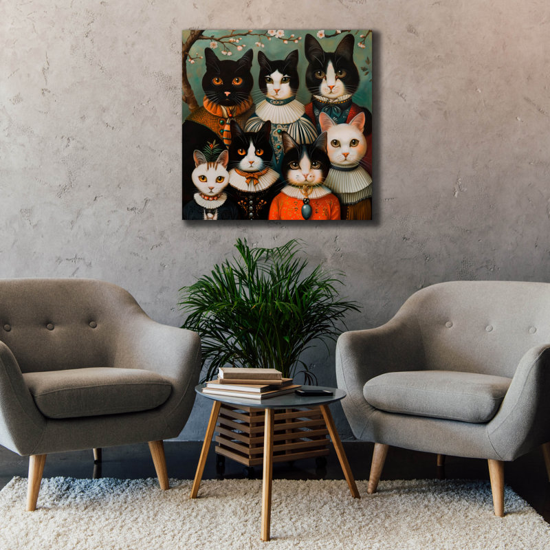  «Cat Familia In Ornate Attire» par Doron David, art mural sur toile, 37 po x 37 po, H 37 po x l 37 po