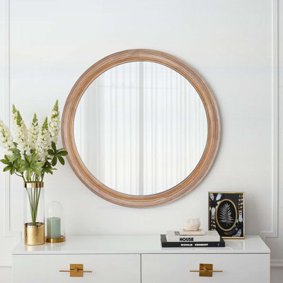 Miroir mural rond 35,43 pouces pour salle de bain, chambre à coucher et entrée avec cadre en bois vieilli