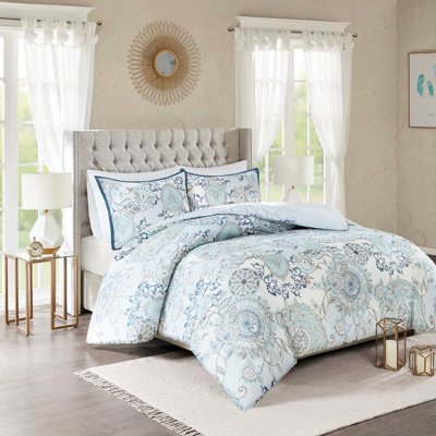 Cotton Reversible Duvet Cover For King/ King - Floral Printed, Shabby Chic, Medallion , Two-tone Reverse Print, Secure Button Closure, Machine Washable Printed Reversible, Chic Style, Medallion,