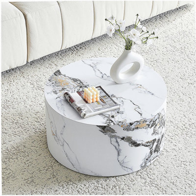 Table basse simple simple en marbre blanc MDF: 23,6 po de diamètre x 11,8 po de hauteur, style minimaliste moderne, pour le salon, l’appartement et la décoration intérieure. Aucun assemblage requis.