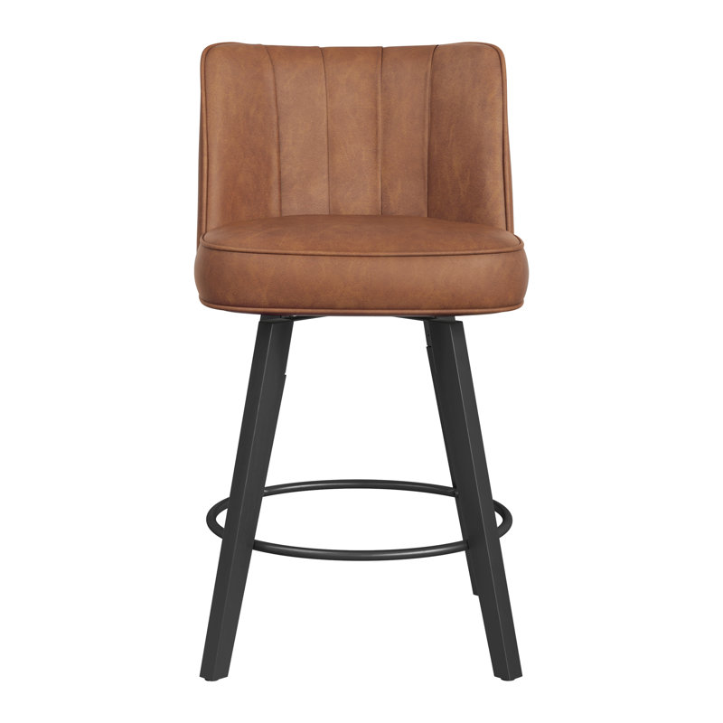 Condredge 26" H Upholstered Solid Wood Swivel Counter Stool, Brown/Black