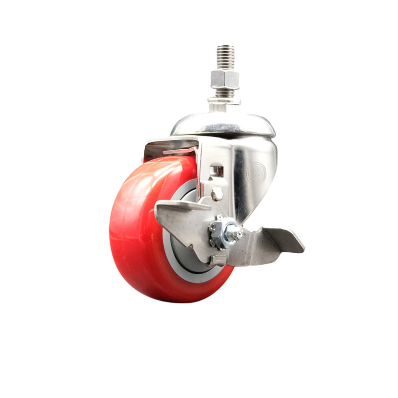 316SS Polyurethane Swivel Threaded Stem Caster with Brake, Red