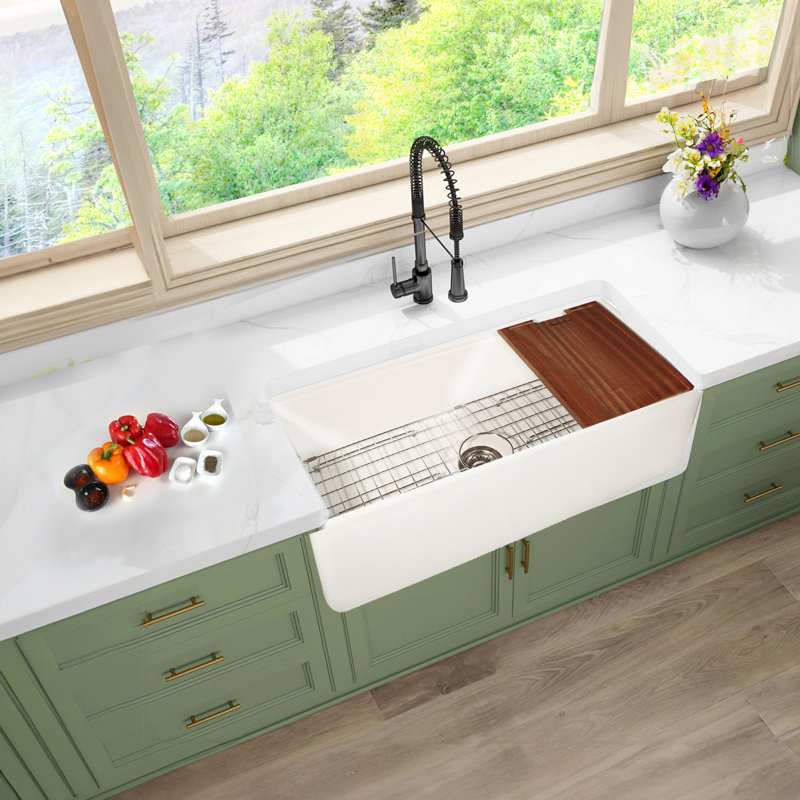 35.75 Inch European Fireclay Farmhouse Prep Station Sink, Matte White