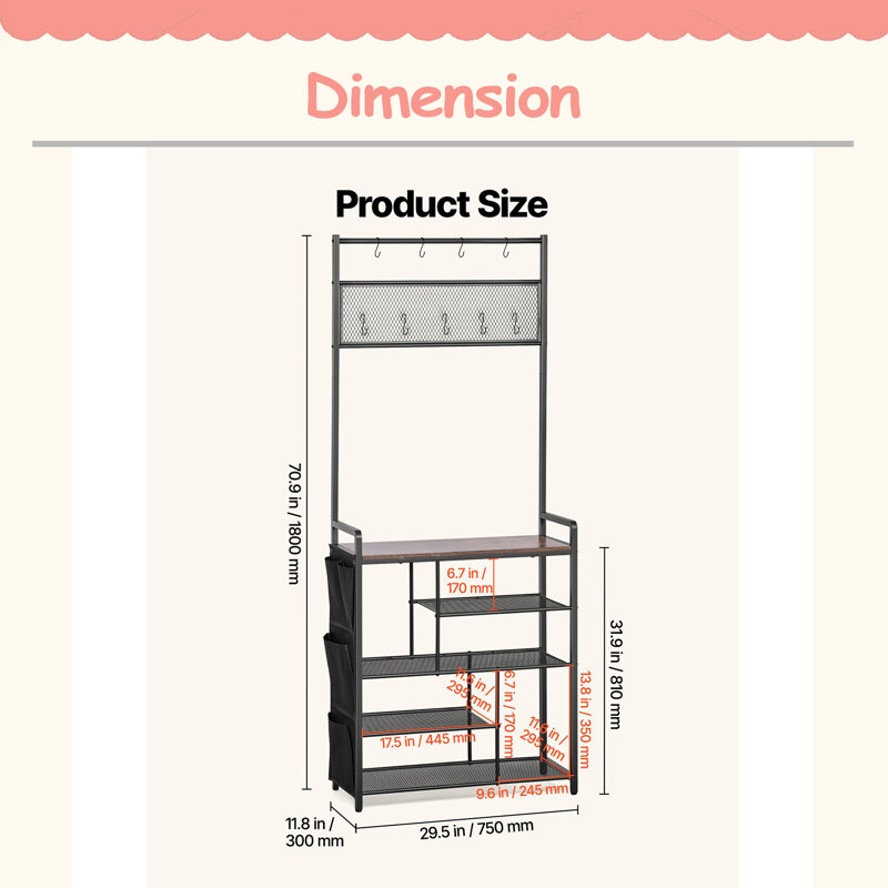 Hall Tree, 70.9 In Coat Rack With Shoe Storage, Freestanding 4-Tier Shoe Rack Organizer With Hooks, Side Pocket And Wire Shelf