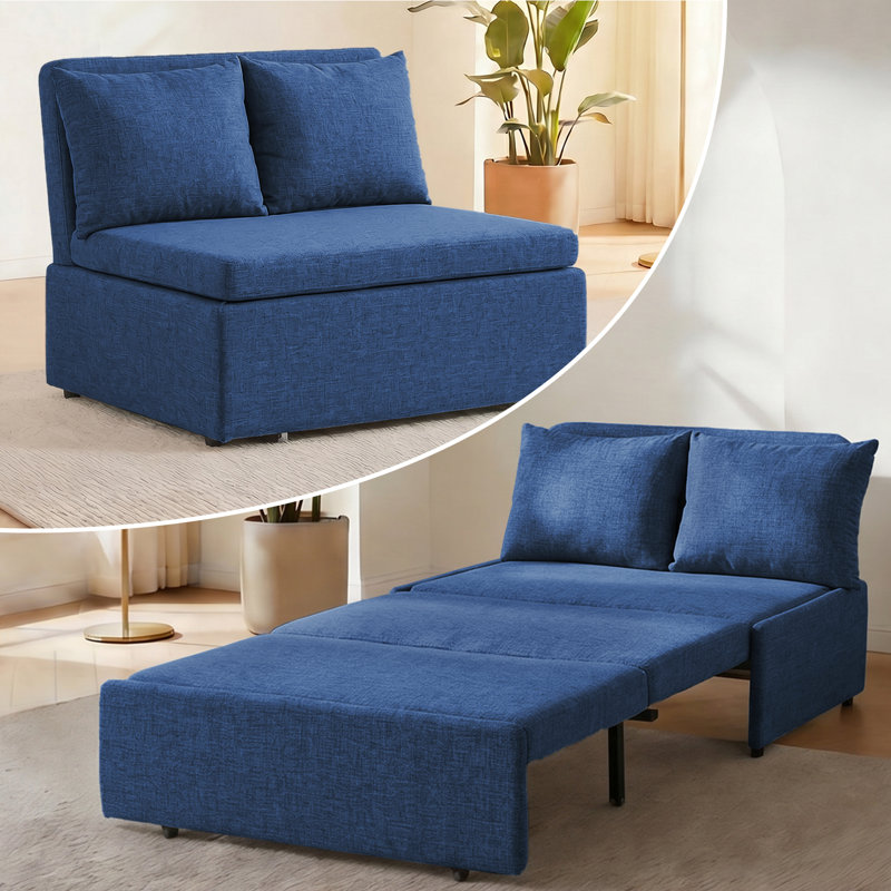 Canapé-lit convertible 44 po avec tissu en lin et capacité de 300 lb, Bleu