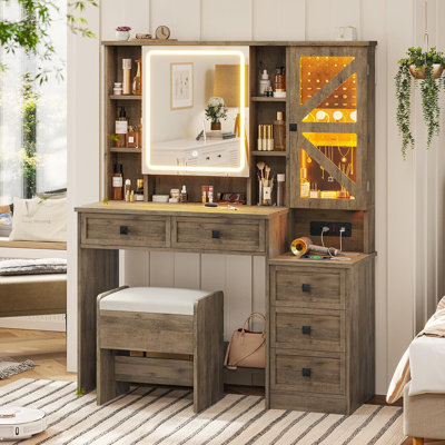 Farmhouse Vanity Desk Makeup Vanity Set With Openable Storage Stool, Led Lights & Rgb Jewelry Cabinet & 5 Drawers