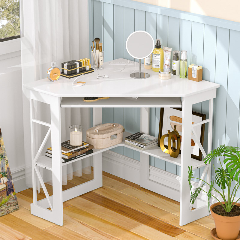 Lambrecht Corner Desk With Outlets & USB Ports, Triangle Computer Desk With Charging Station, Storage Shelf, Space Saving Writing Desk For Small Space