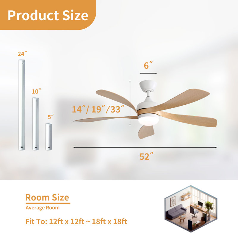 TurboBreeze 52'' - 5 Blade Modern Ceiling Fan with Dimmable Light Kit and Remote Control, White/Oak, 52" 