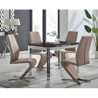 Tierra Modern Glass & Metal Extendable Dining Table Set & 4 Luxury Faux Leather Dining Chairs