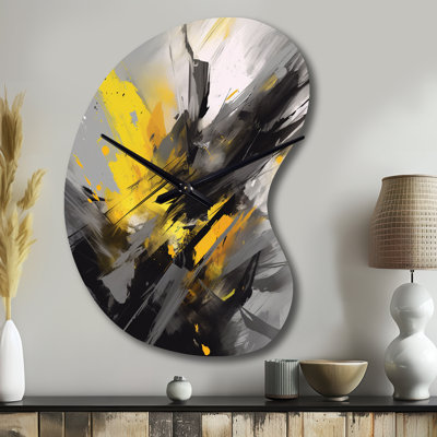 Giannaccari Yellow Grey Vibrant Swirls II - Geometric Unique Shape Metal Wall Clock, Modern Asymmetrical Wall Clock Print
