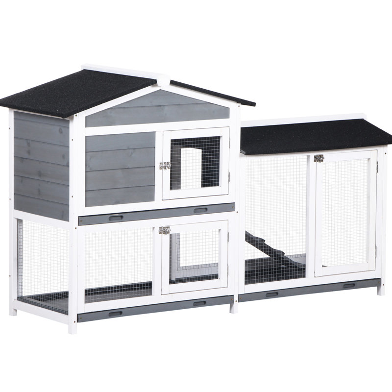 Rabbit 62", Wooden With Run Area And Strong-And-Stable Asphalt Roof, Simple-And-Easy Removable Tray, Lockable Doors & Ramp, Gray Solid-And- Easy-And