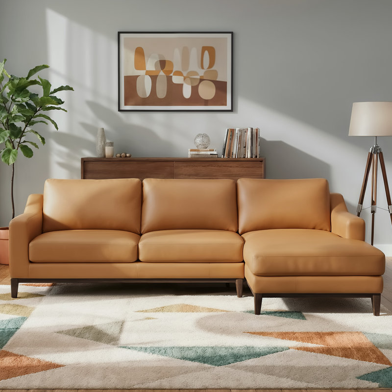 Inniss 107.3" Genuine Leather Right Chaise Sectional Sofa with Solid Wood Frame and Legs, Orange Genuine Leather