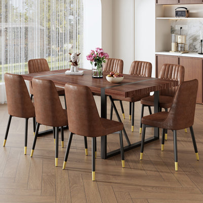 Ensemble de salle à manger rustique industriel: noyer - table rectangulaire, sièges sans accoudoirs en suède brun, parfaits pour les cuisines et les salles à manger