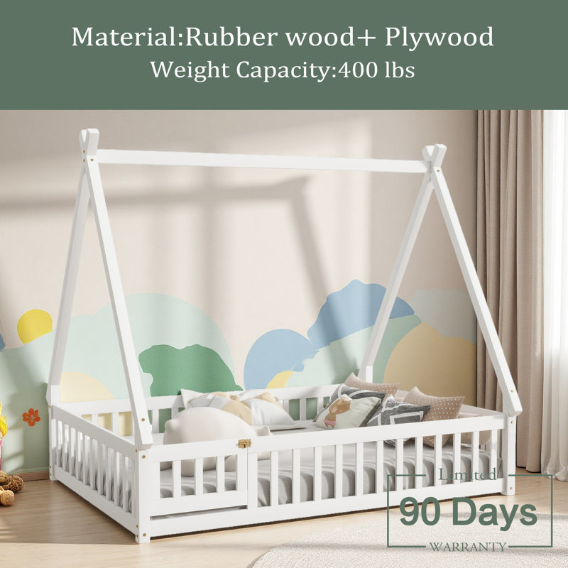 Rubber Wood Tent-Shaped Floor Bed,With Guardrails,Slats And Door, White