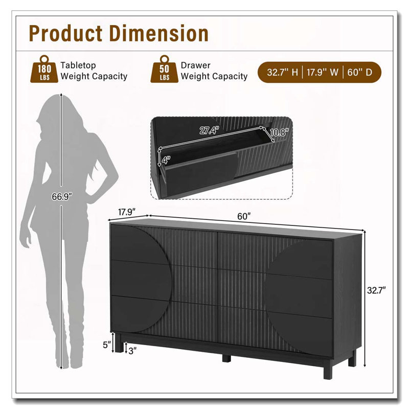 60" Wide Modern Chest of Drawers, Carbon Black