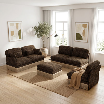 5-Seat Chenille Living Room Set with Loveseat, L-Shaped Sofa, Ottoman and Tassel Trim, Brown Leopard