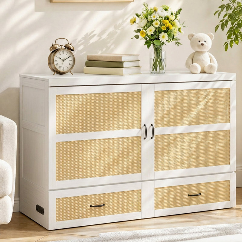 Grand lit escamotable avec tiroirs de rangement et station de charge, blanc, Blanc