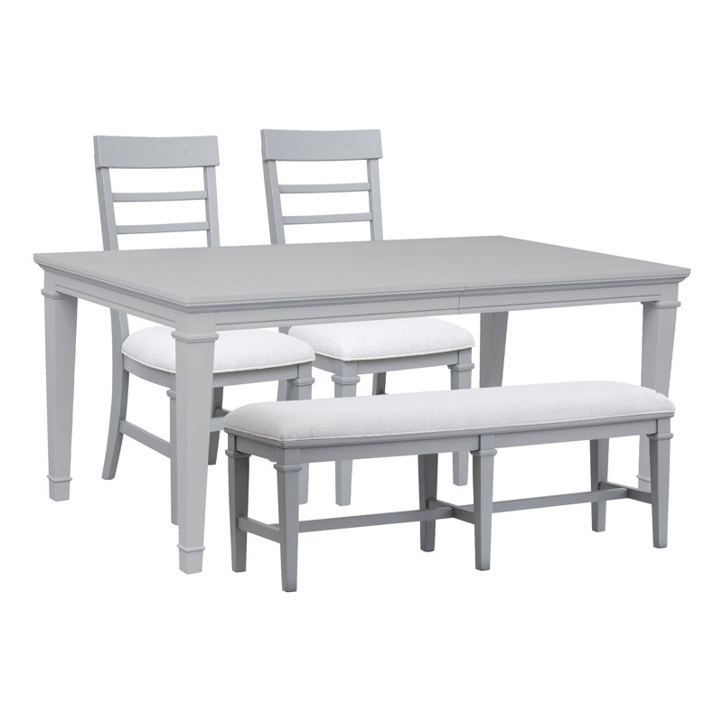Grey Extendable Rectangular Dining Table With 2 Side Chairs Bench And Server, Gray/White