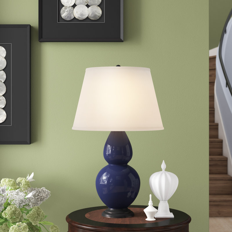 Double Gourd Table Lamp, Steel Blue Glazed Ceramic/Antique Brass