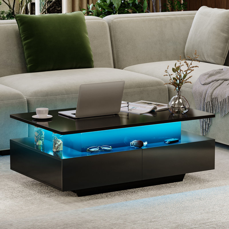 Table basse à plateau relevable moderne avec 4 tiroirs et lumières DEL, Noir, noir, noir, noir