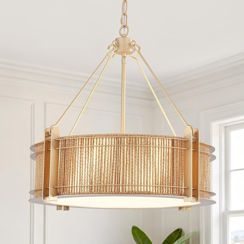 20.5" Woven Rattan Modern Drum Chandelier, Gold with Rattan