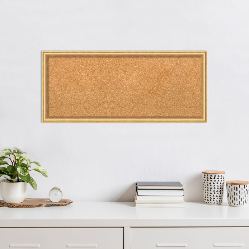Natural Cork Bulletin Board with Gold Plastic Frame, 14" x 32"