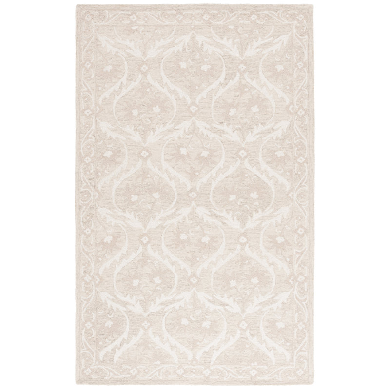Antoiniece Tufted Wool/Cotton Damask Rug in Beige/Ivory, Rectangle 5' x 8'