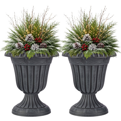Ensemble de 2 pots de fleurs pour l'extérieur - urne de 16 x 18 pouces pour décor de porche, intérieur, patio ou vestibule - pots à fleurs en plastique - grands pots de fleurs décoratifs (gris pierre)