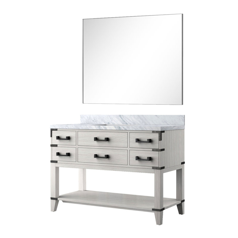 48 po De salle de bain simple en chêne blanc avec plateau en marbre, 46 miroirs, cinq tiroirs et fonction de fermeture en douceur avec tablette ouverte pour le rangement