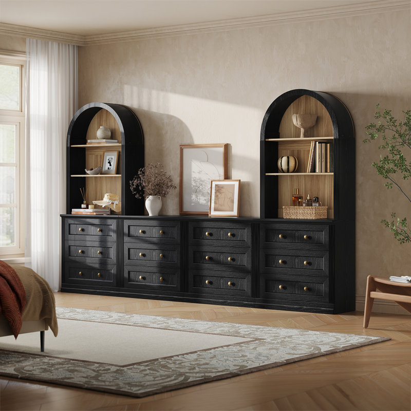 Garde-manger modulaire moderne avec quatre armoires à 4 tiroirs et de grands bahuts arqués, noir, Noir