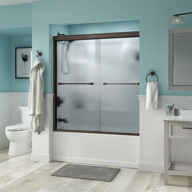 Porte de baignoire coulissante traditionnelle semi-encadrée avec verre de pluie Windemere 60 "x 58-1 / 8", Bronze