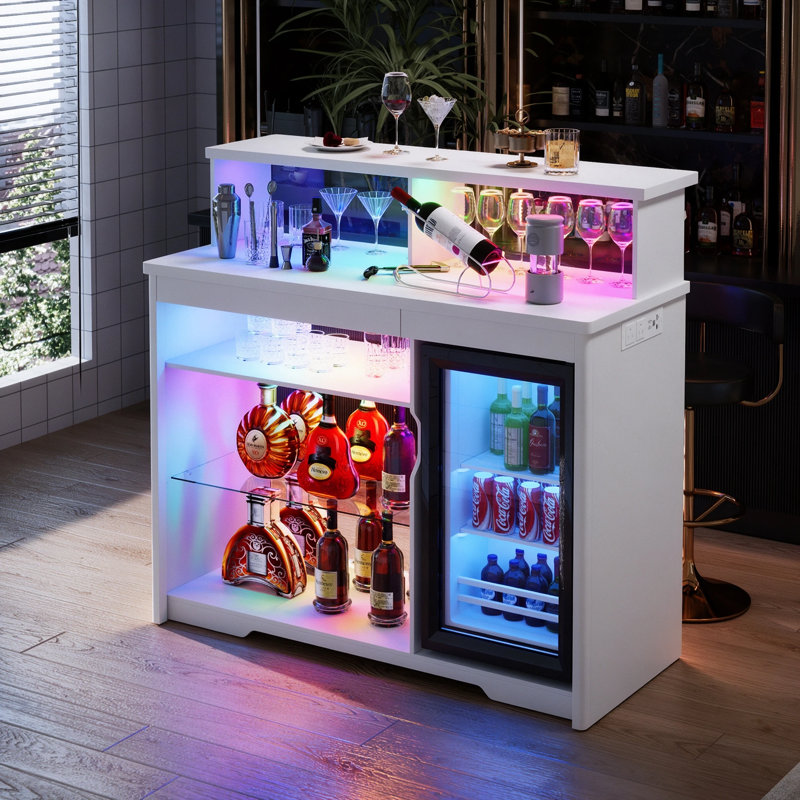 47" Wine Bar Cabinet with Mini Fridge Storage, Glass Display Cabinet, White