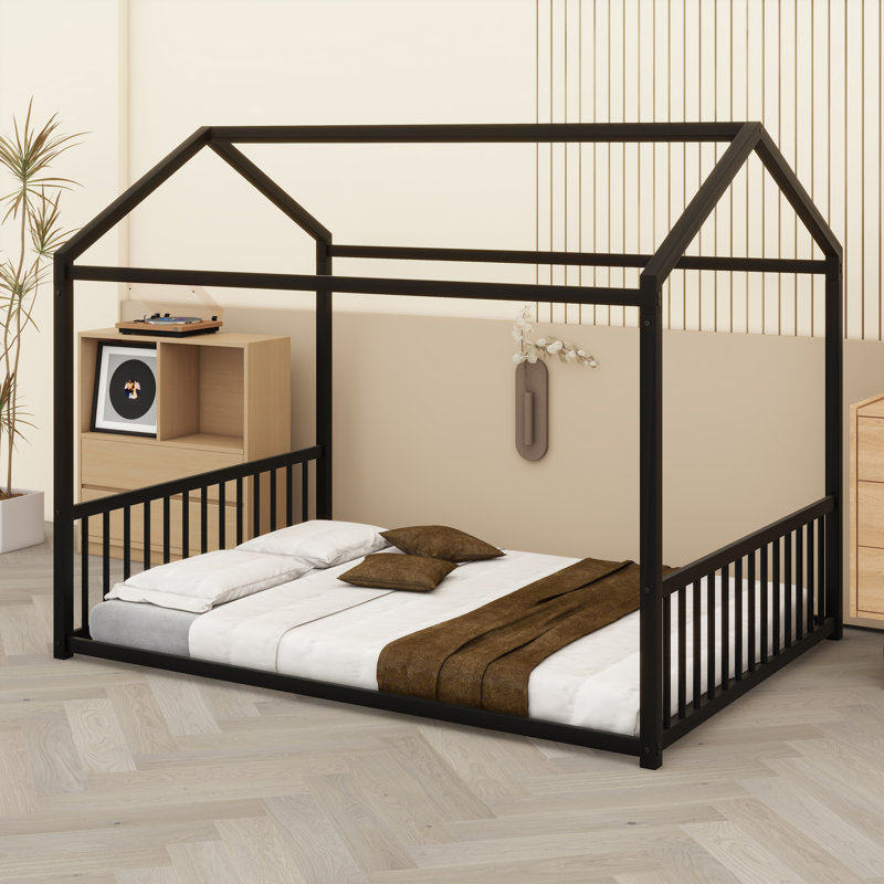 Easy-Assembly Montessori Bed Featuring Playful House Outline, Black, Full