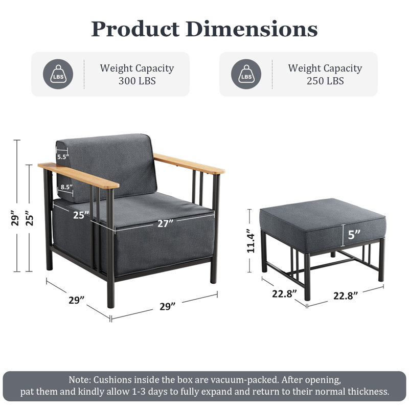 Timberloft Outdoor Patio 2-Person Seating Group With 10" Thickness Cushions And Ottomans, Gray, Black
