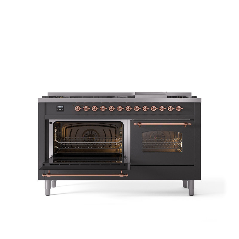 ILVE Nostalgie II 60 Dual Fuel Range, 9 Burners, Griddle, Graphite Matte/Copper, Liquid Propane