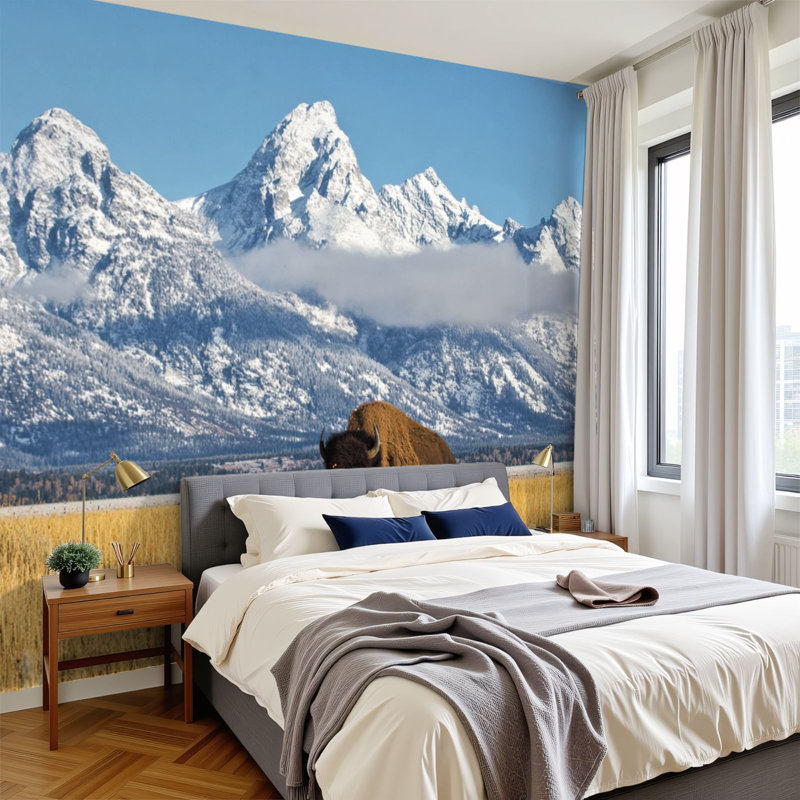 Papier peint adhésif auto-adhésif moderne l 144 po x H 100 po pour chambre à coucher devant des bisons photos de buffles de montagne