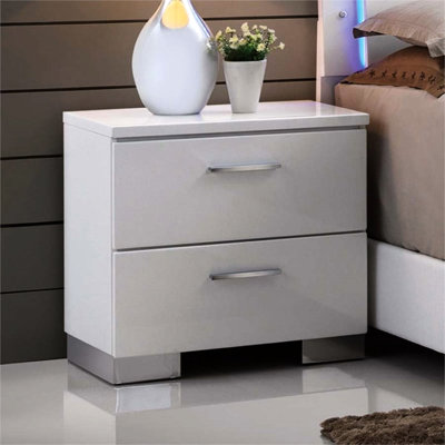 Table de chevet 2 tiroirs avec pieds et finition brillante blanche pour les pieds de chambre à coucher, aspect brillant
