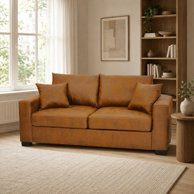 Causeuse en polyester texturé de 69 po de largeur avec 2 coussins décoratifs Solenne, Light Brown